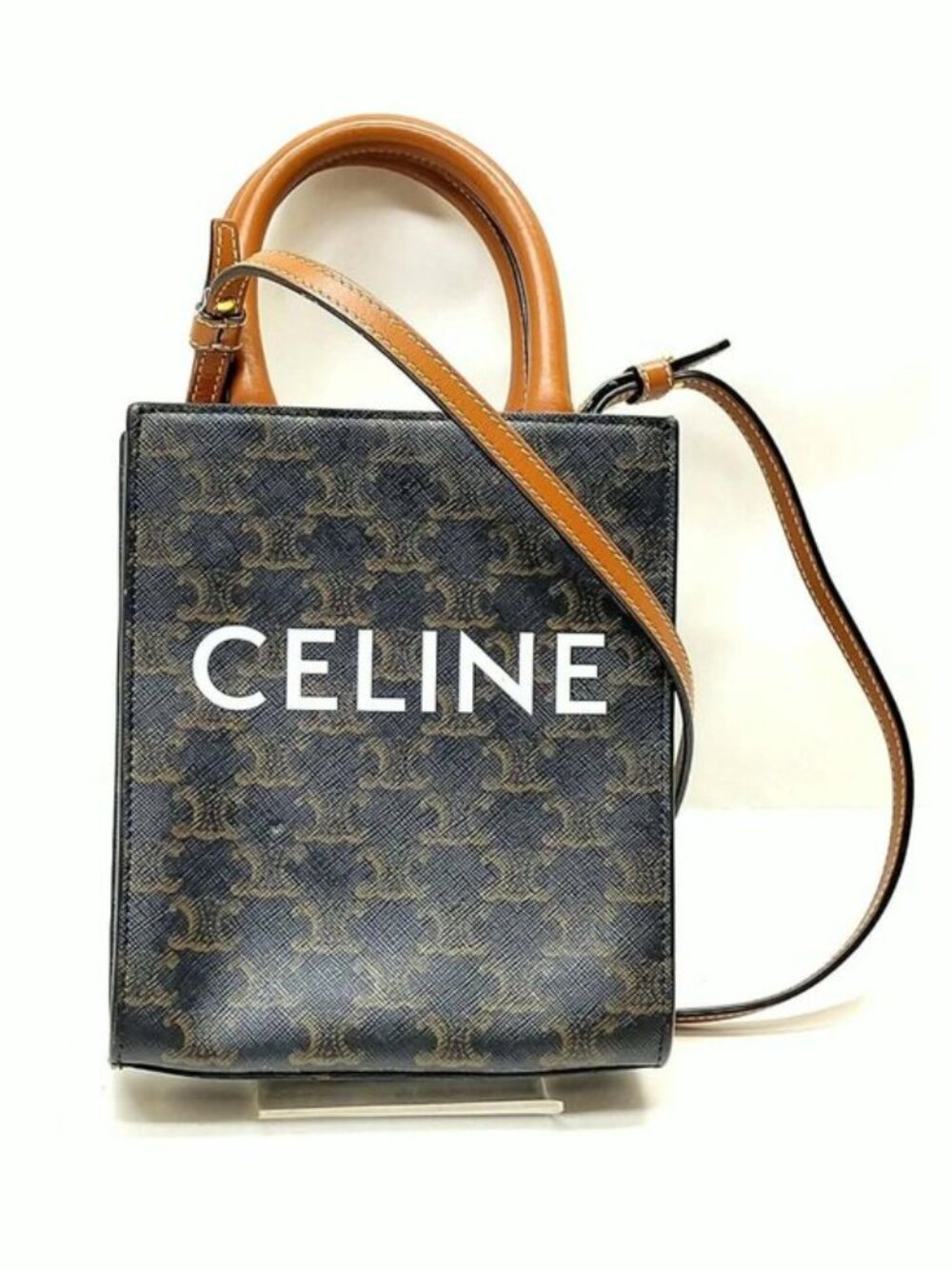Authentic Celine Mini Vertical Cabas Triomphe Canvas Crossbody Tote Brown Logo - Picture 2 of 16